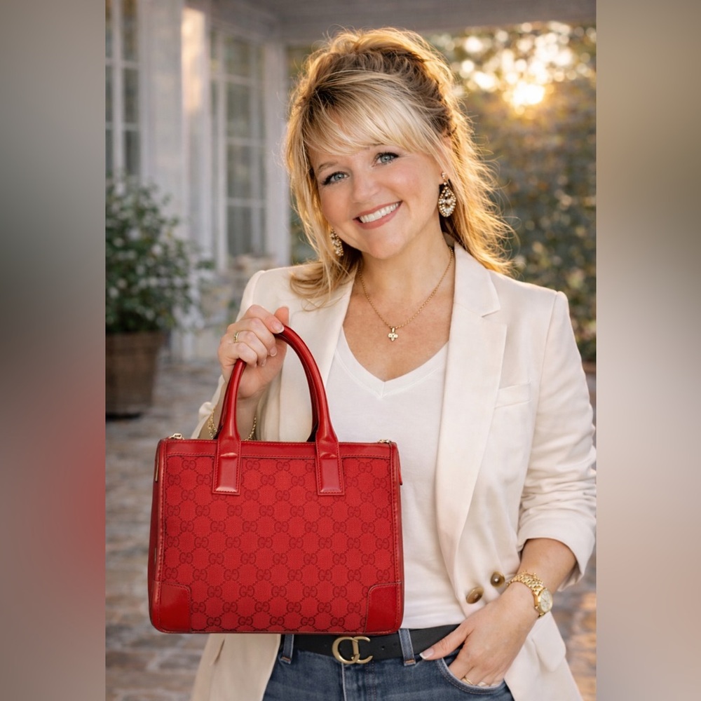 Gucci Red Monogram Canvas Tote Vintage - Picture 2 of 16